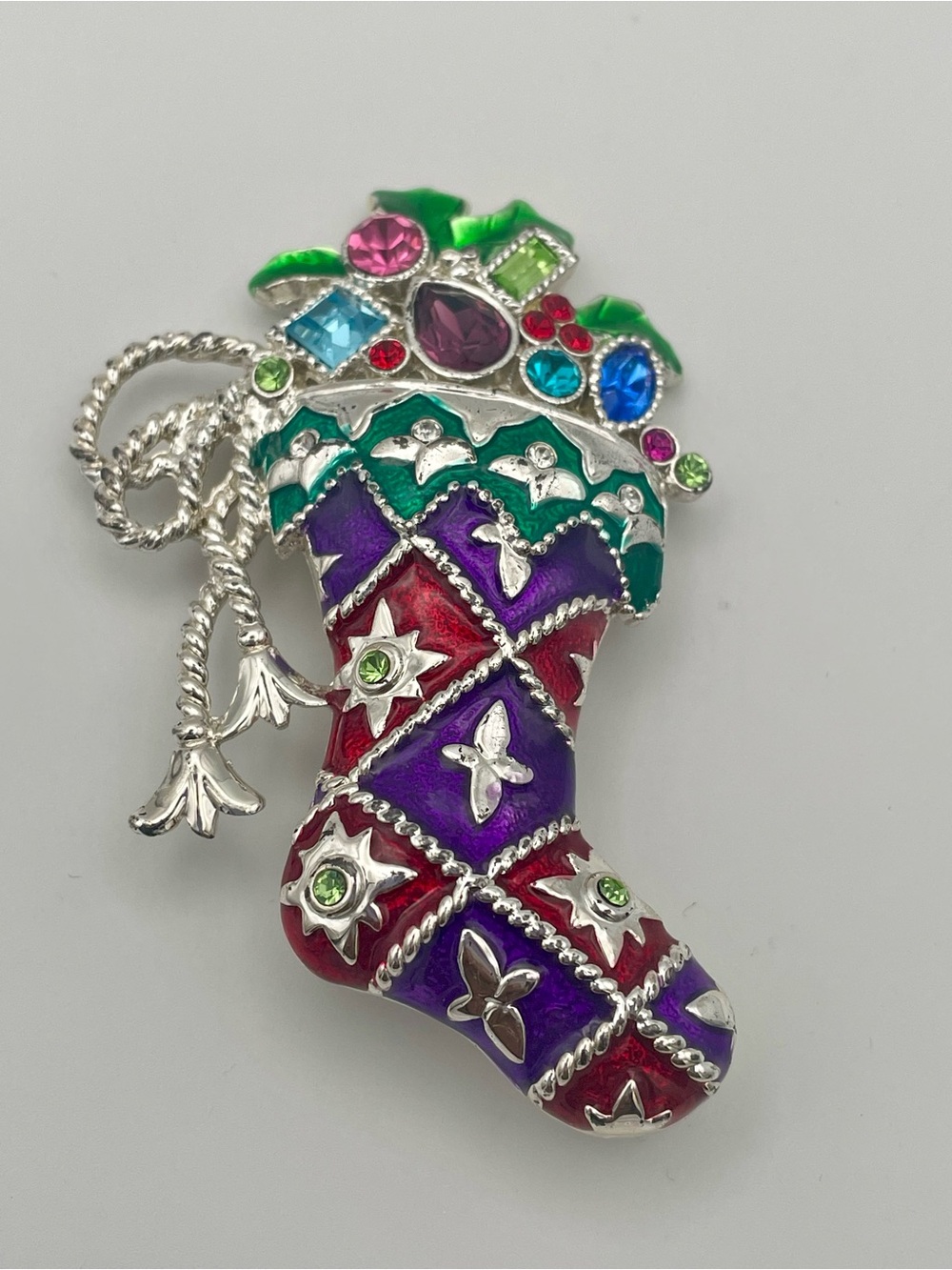 Christopher Radko Red, Purple, Green and Blue Jeweled Enamel Stocking Brooch